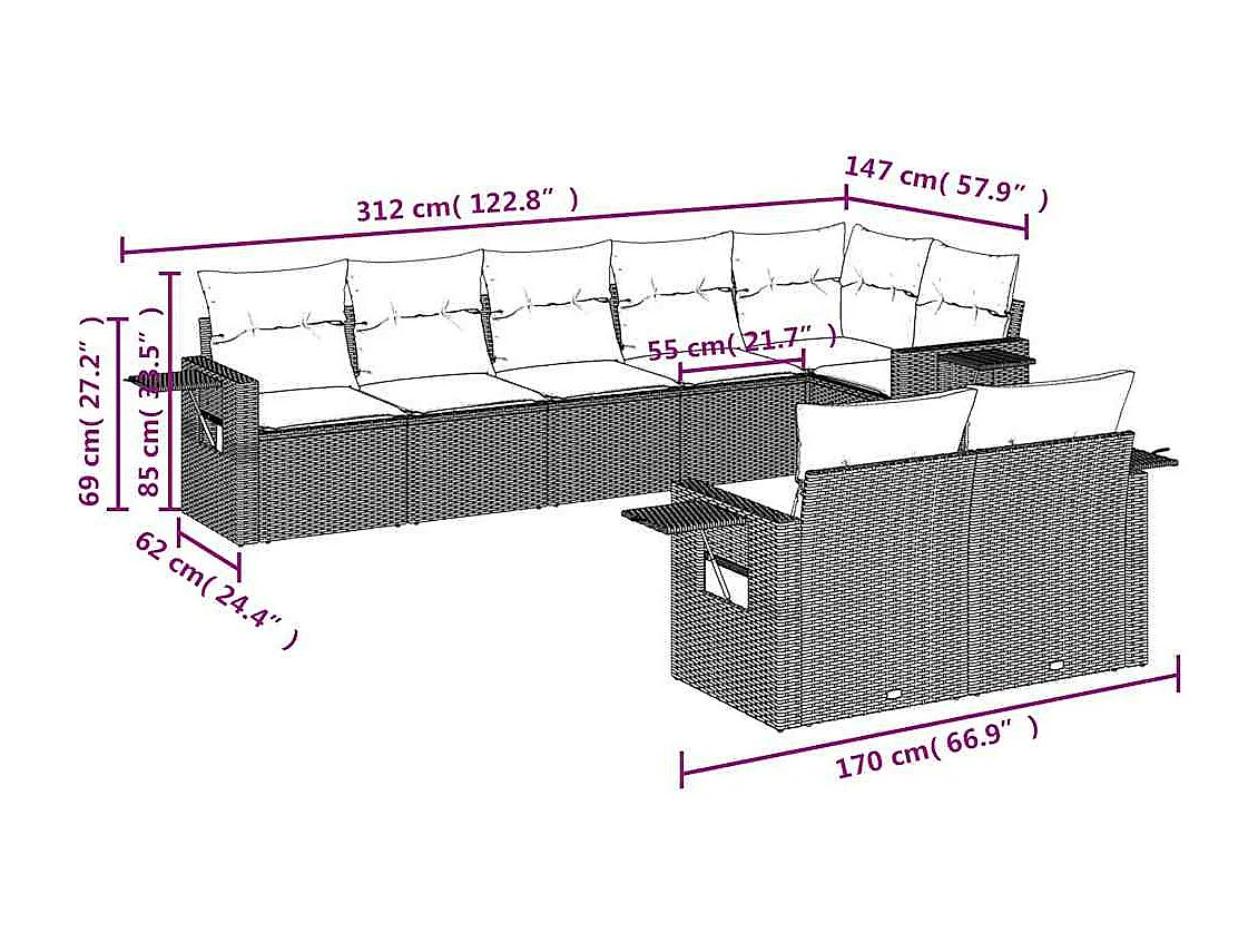 Salon de jardin 8 pièces avec coussins gris clair résine tressée