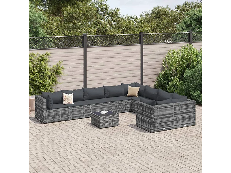 10 peças conjunto sofás de jardim com almofadões vime PE cinzento