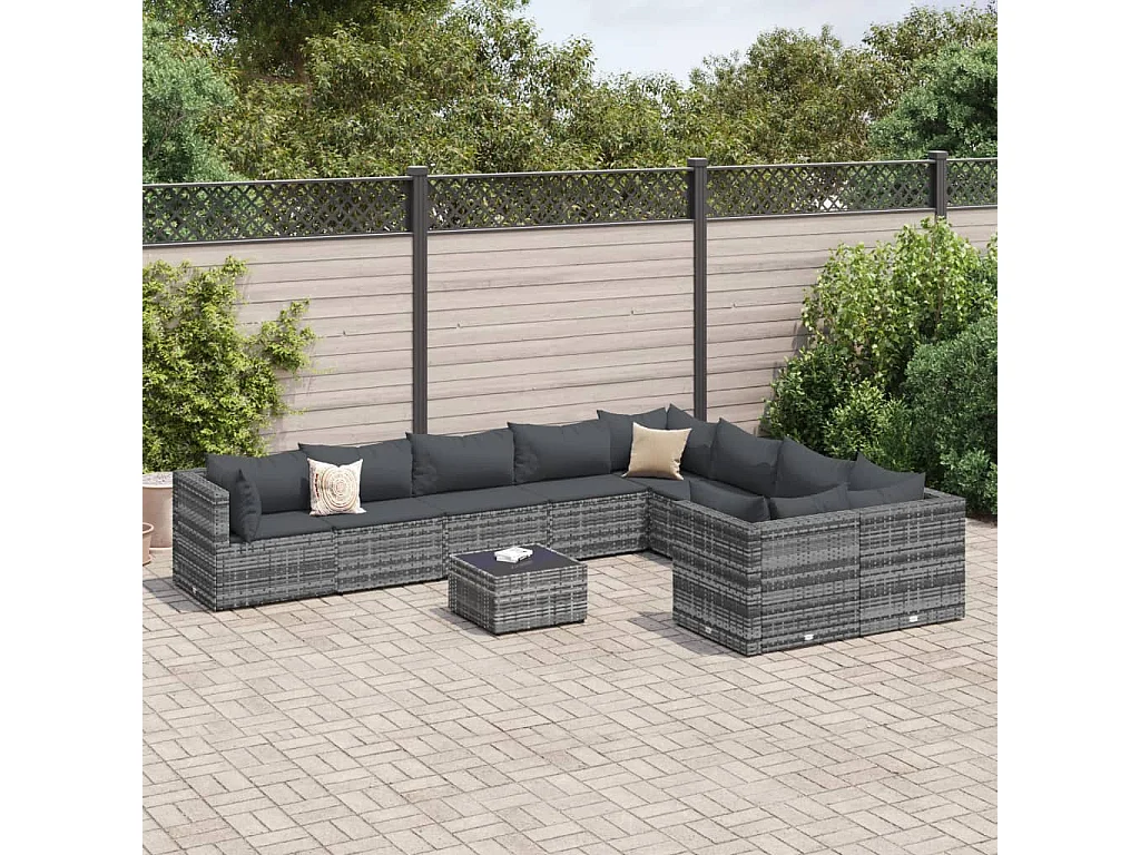 10 peças conjunto sofás de jardim com almofadões vime PE cinzento