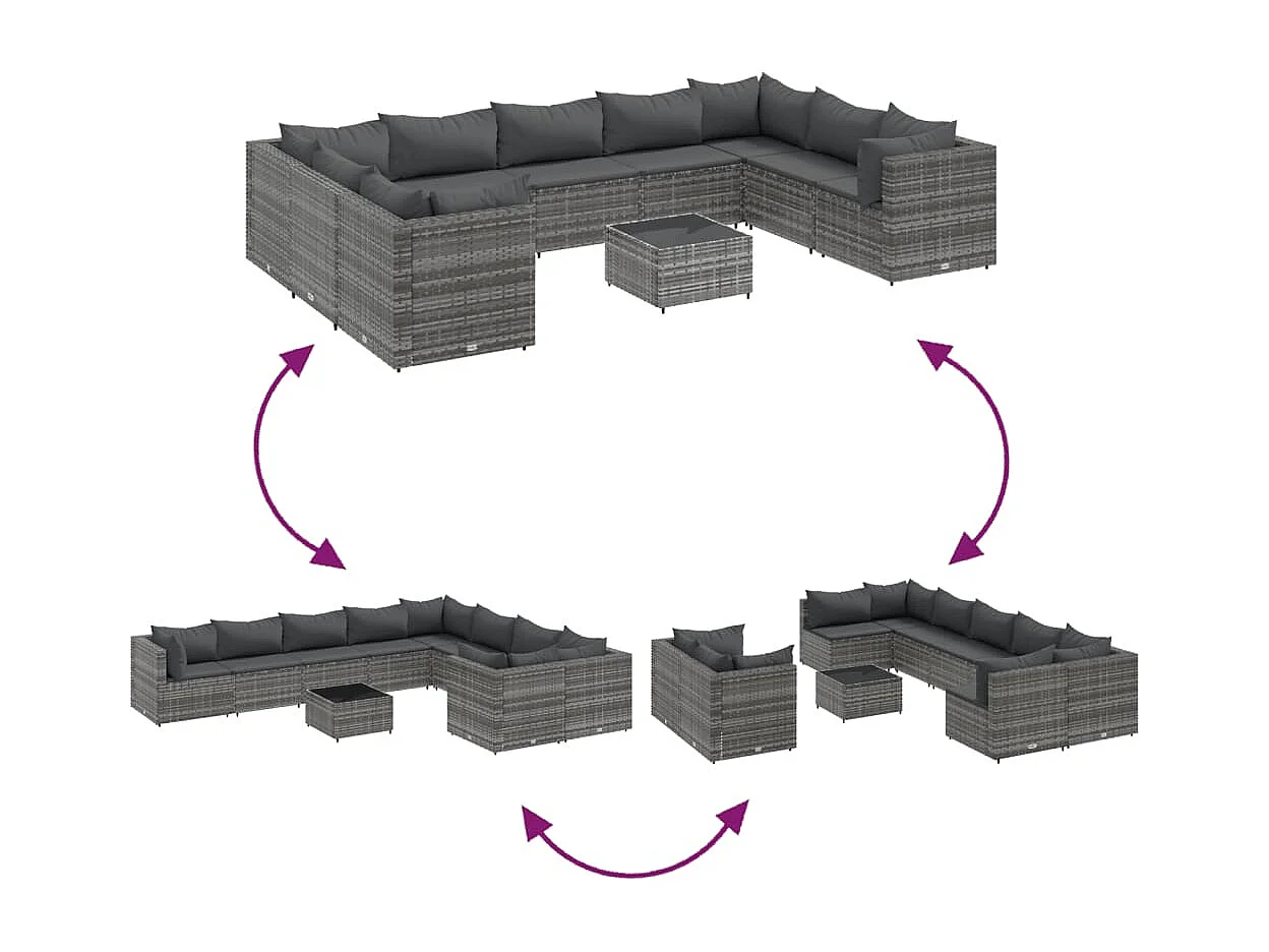 10 peças conjunto sofás de jardim com almofadões vime PE cinzento