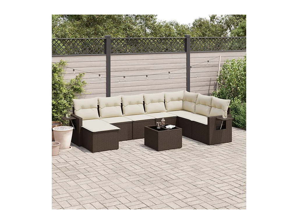 9-delige Loungeset met kussens poly rattan bruin