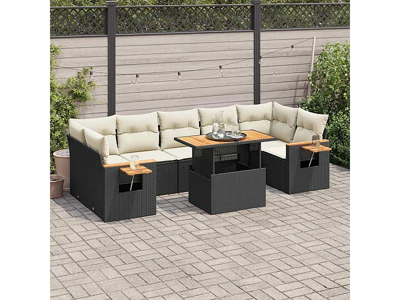 Set sofás jardín y cojines 8 piezas ratán sintético acacia negro