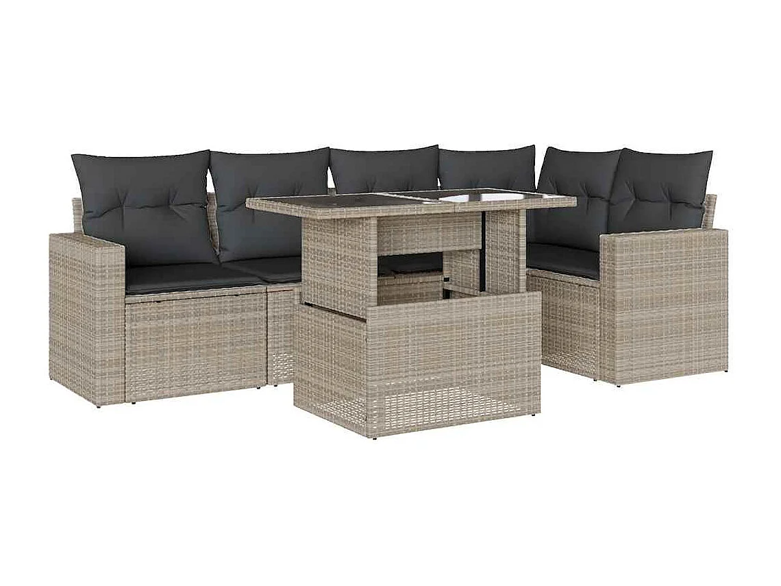 Salon de jardin 6 pièces avec coussins gris clair résine tressée