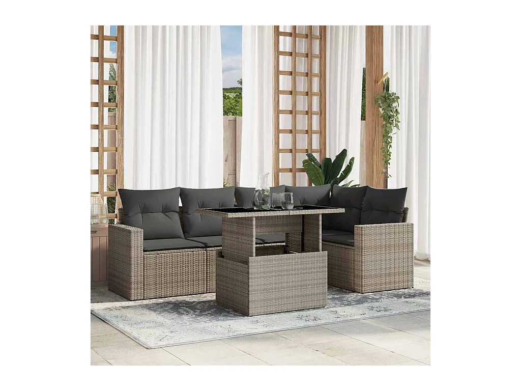 6-delige Loungeset met kussens poly rattan lichtgrijs
