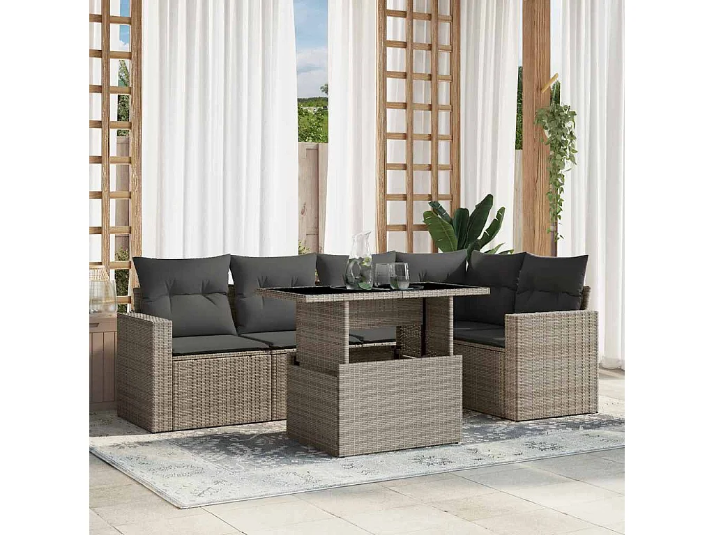 Salon de jardin 6 pièces avec coussins gris clair résine tressée
