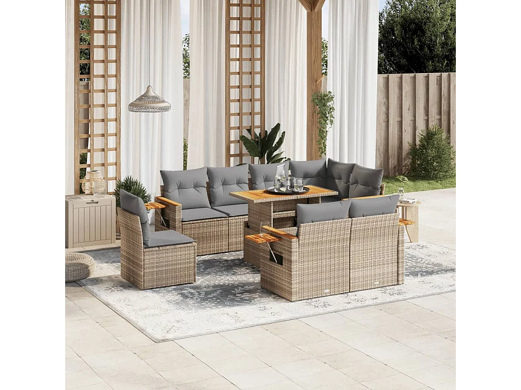 9-delige Loungeset met kussens poly rattan beige
