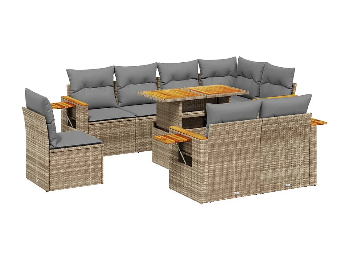9-delige Loungeset met kussens poly rattan beige