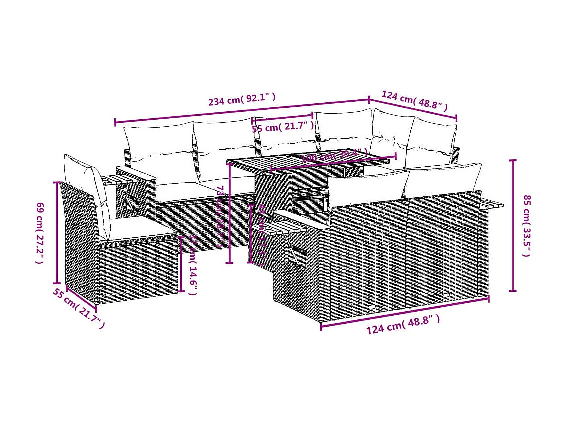 9-delige Loungeset met kussens poly rattan beige