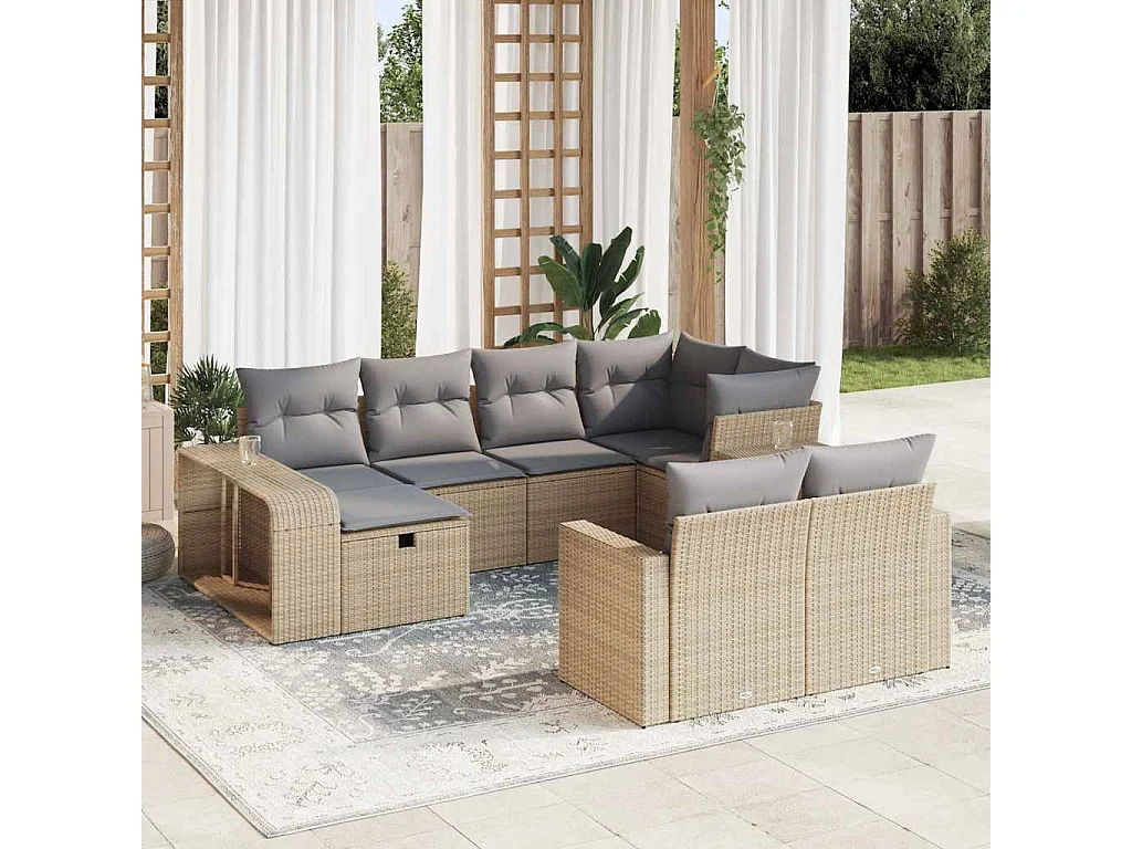 10 peças conjunto de sofás para jardim com almofadões vime PE bege