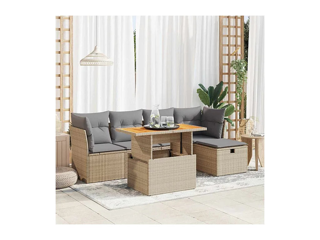 6-delige Loungeset met kussens poly rattan acacia beige