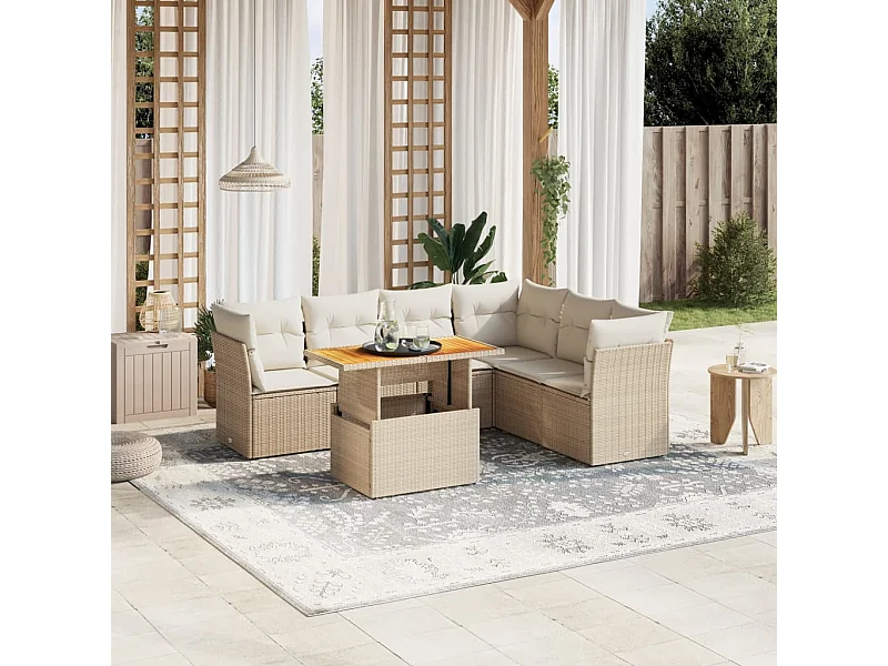 Salon de jardin avec coussins 7 pièces beige résine tressée