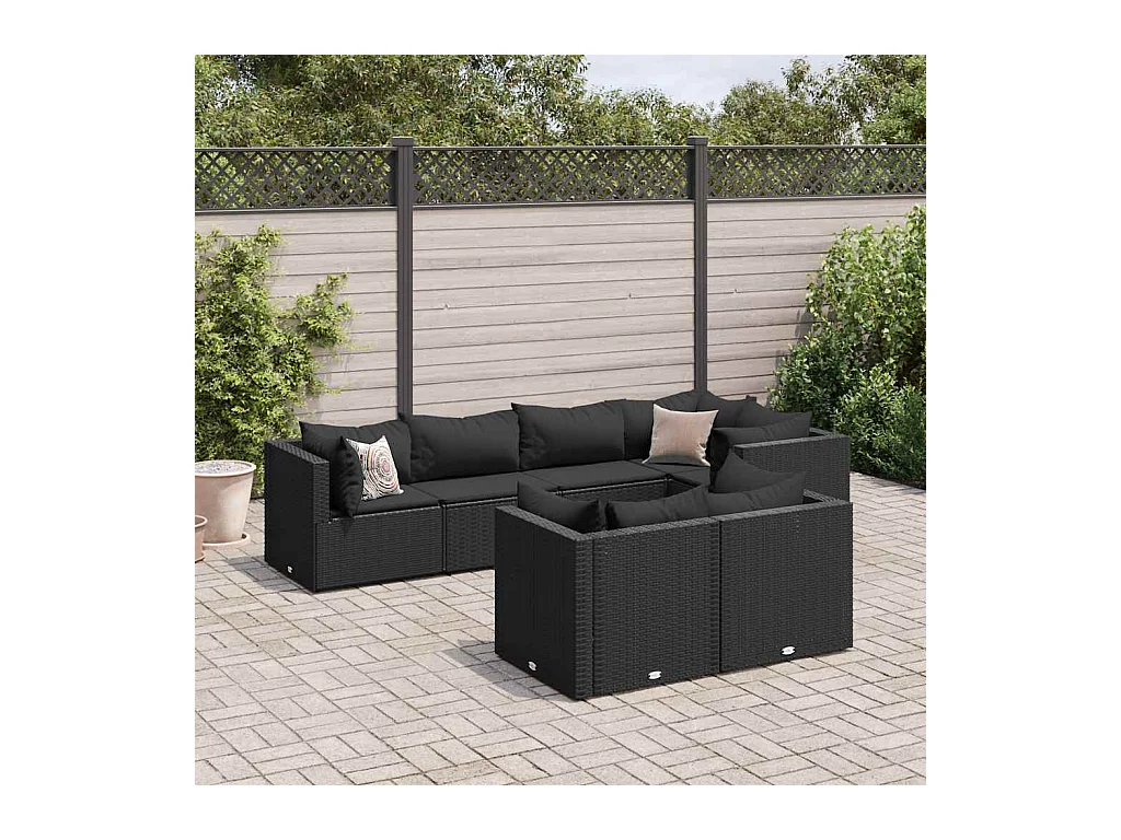 Salon de jardin 7 pièces avec coussins Noir Résine tressée