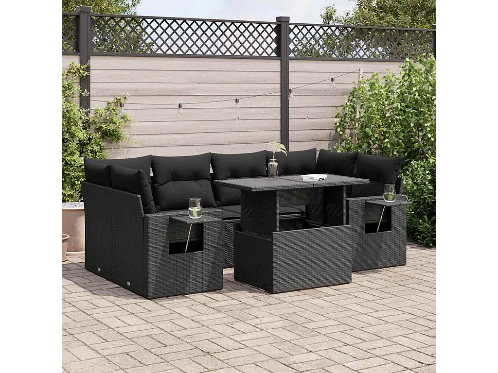 Salon de jardin 7 pièces avec coussins noir résine tressée