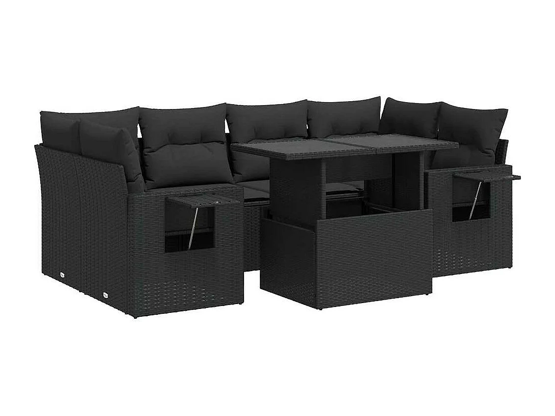 Salon de jardin 7 pièces avec coussins noir résine tressée