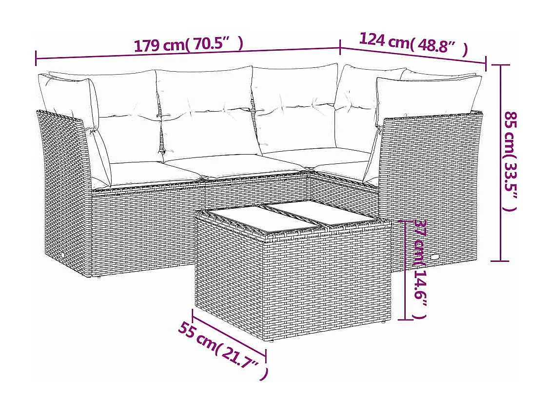 Set de sofás jardín y cojines 5 piezas ratán sintético gris claro