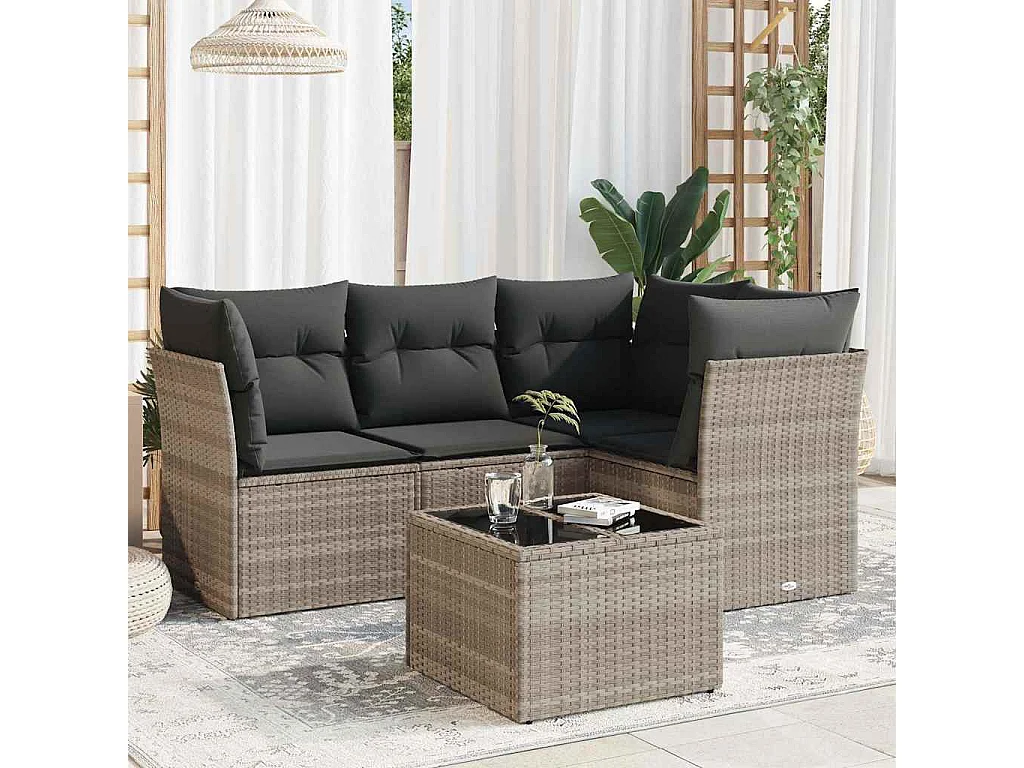 Salon de jardin 5 pièces avec coussins gris clair résine tressée