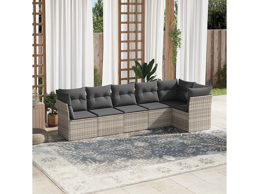 Set de sofás de jardín 6 piezas y cojines ratán sintético gris