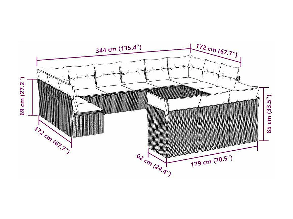 Set sofás de jardín con cojines 13 piezas ratán sintético gris