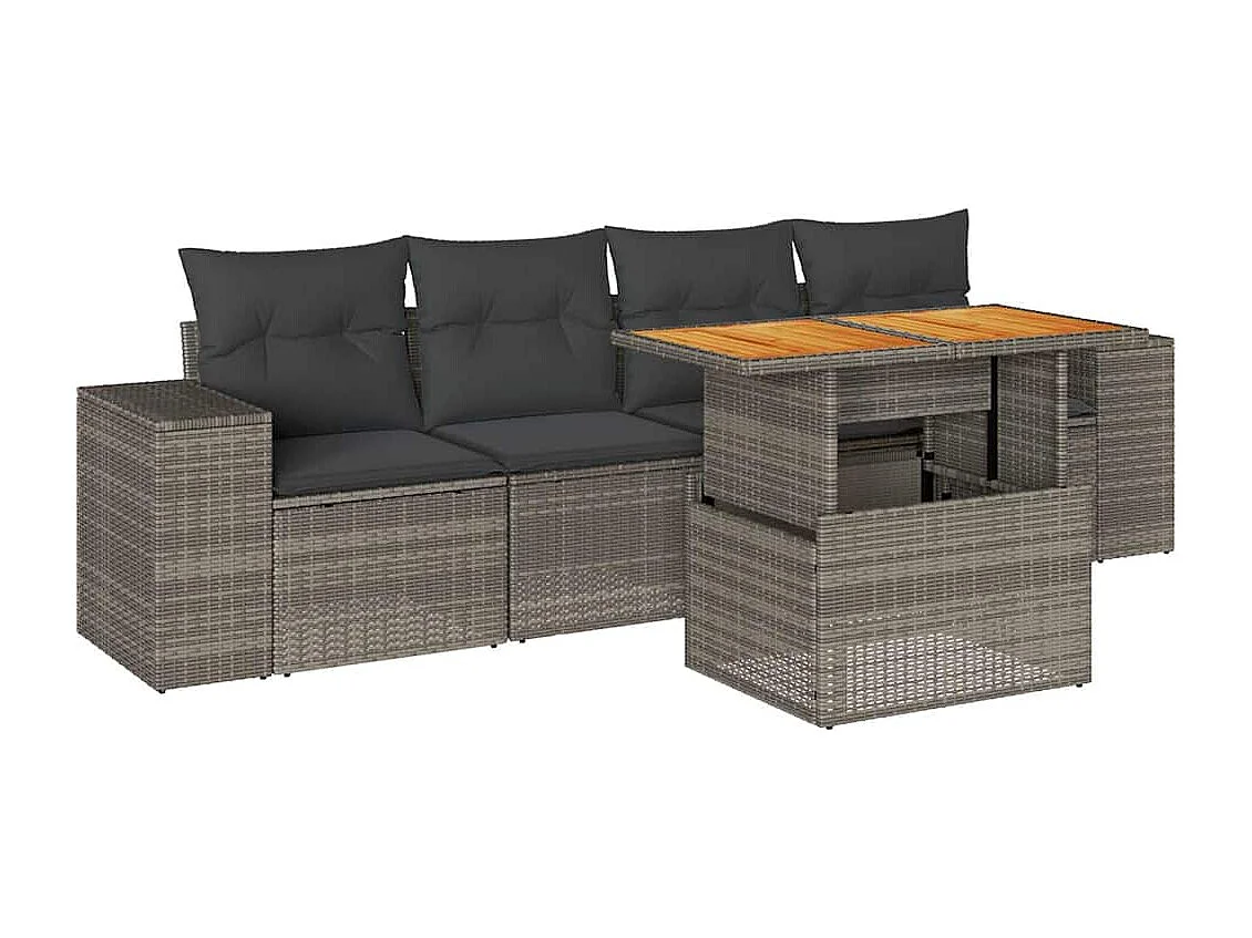 Salon de jardin 5 pièces avec coussins gris résine tressée