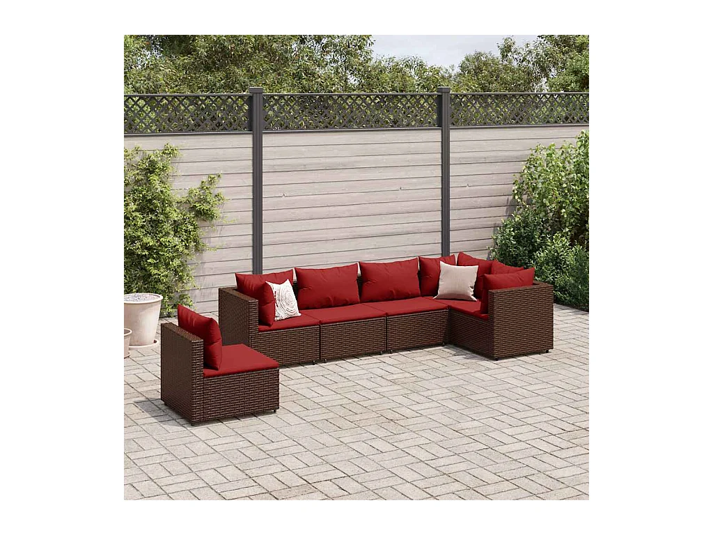 6-delige Loungeset met kussens poly rattan bruin