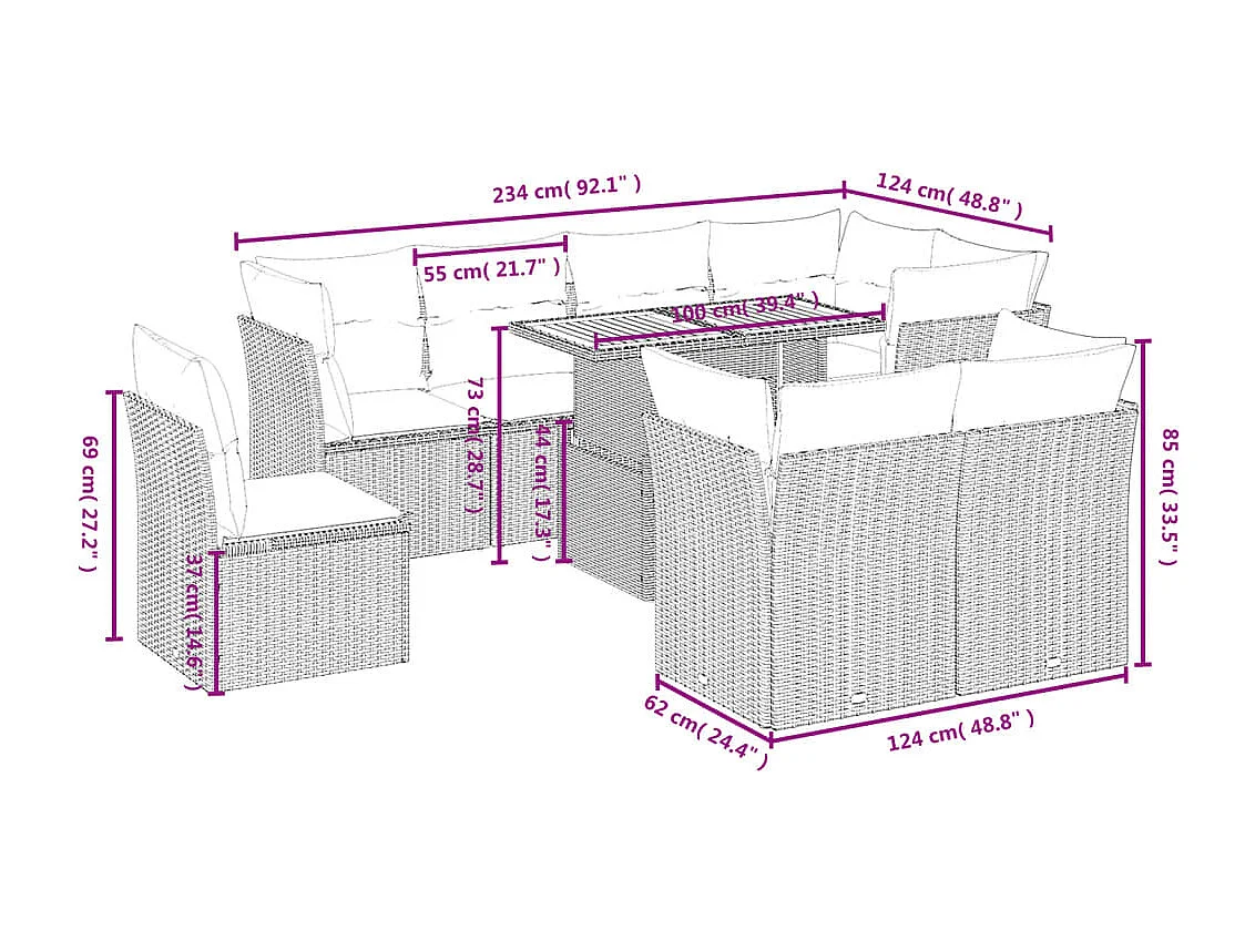 Salon de jardin avec coussins 9 pièces beige résine tressée