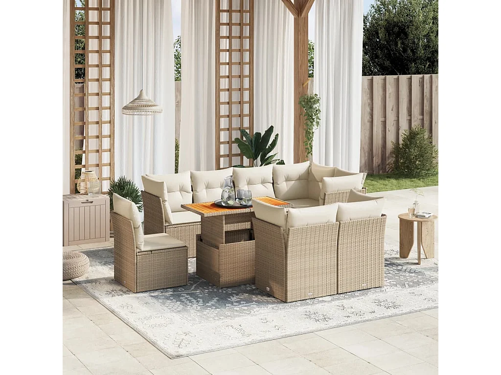 Salon de jardin avec coussins 9 pièces beige résine tressée