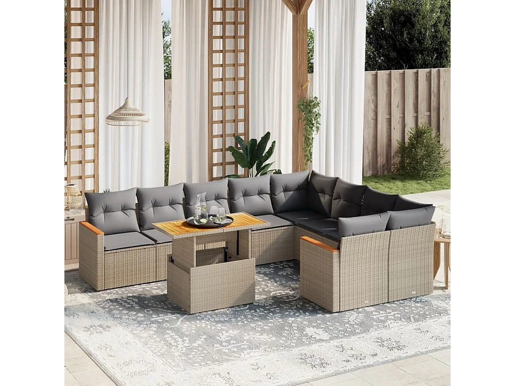 Salon de jardin avec coussins 10 pièces beige résine tressée
