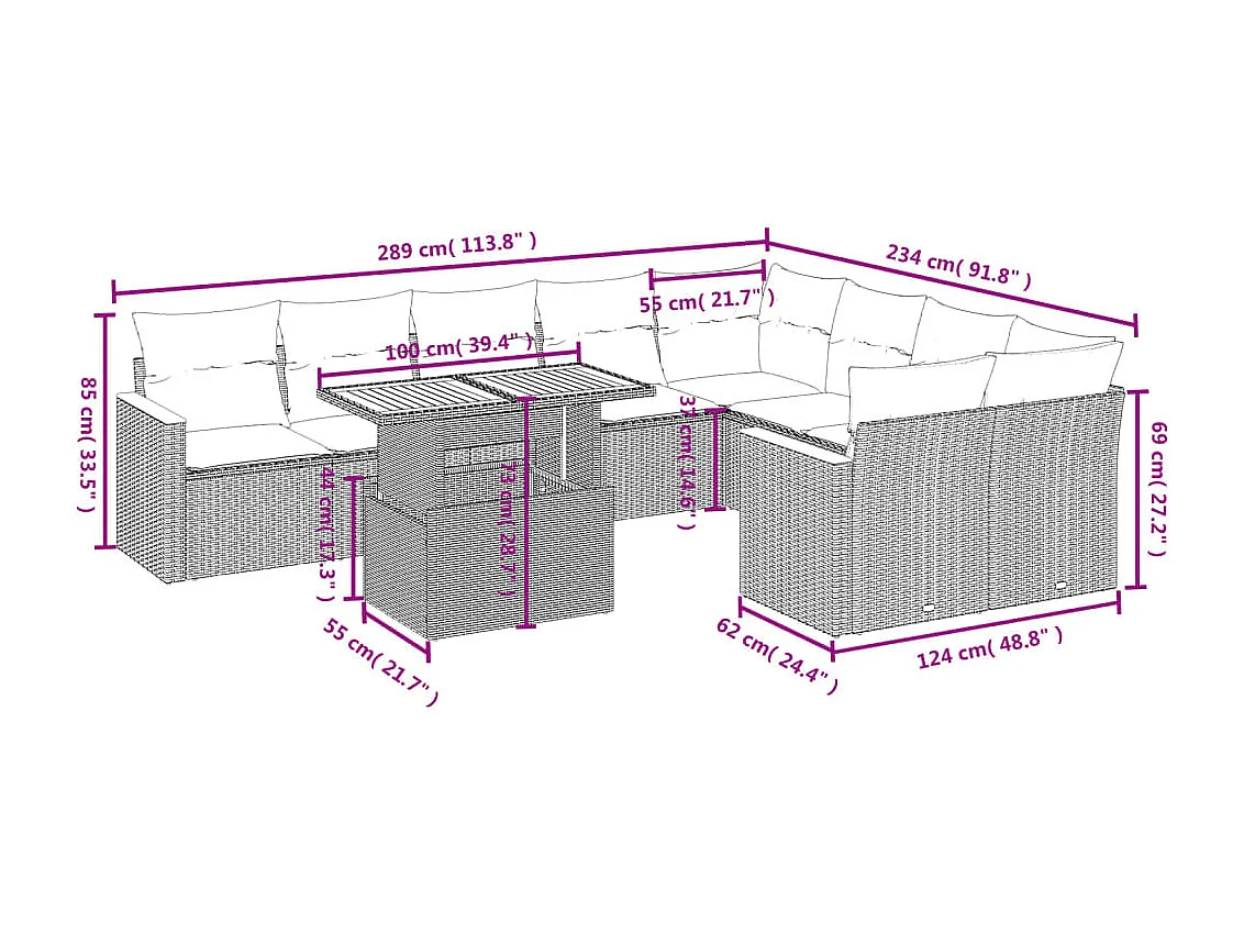 Salon de jardin avec coussins 10 pièces beige résine tressée
