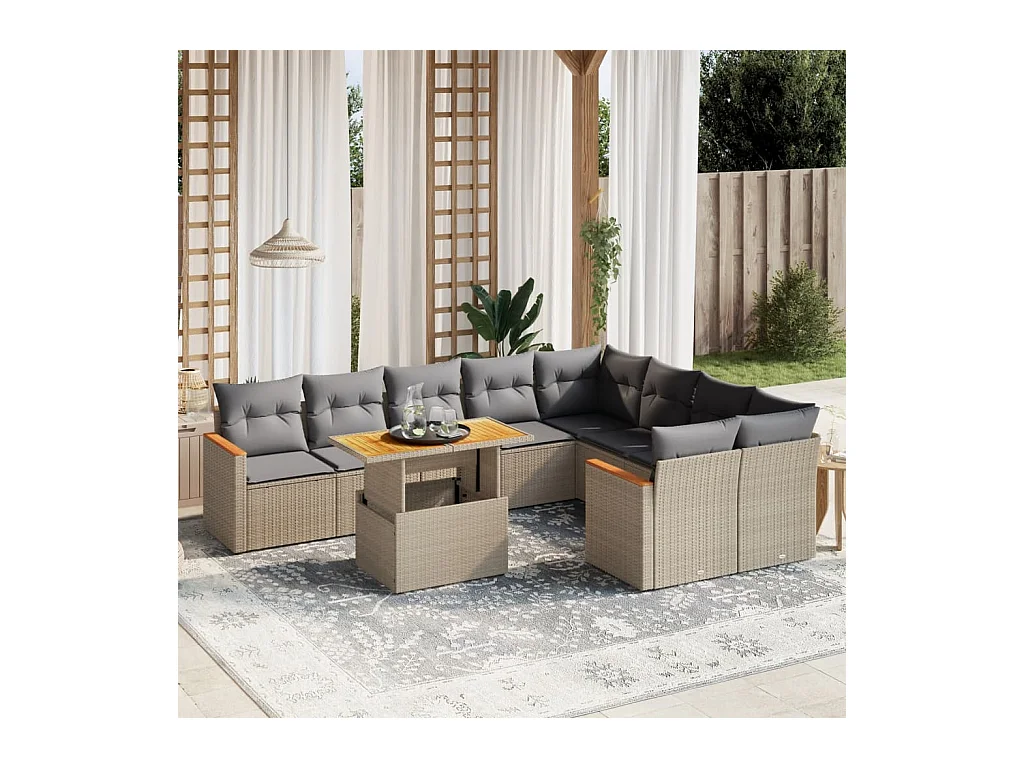 Salon de jardin avec coussins 10 pièces beige résine tressée