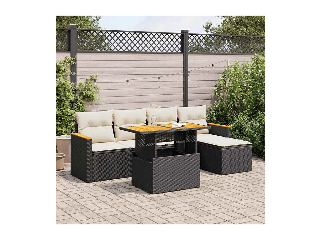 6-delige Loungeset met kussens poly rattan acacia zwart