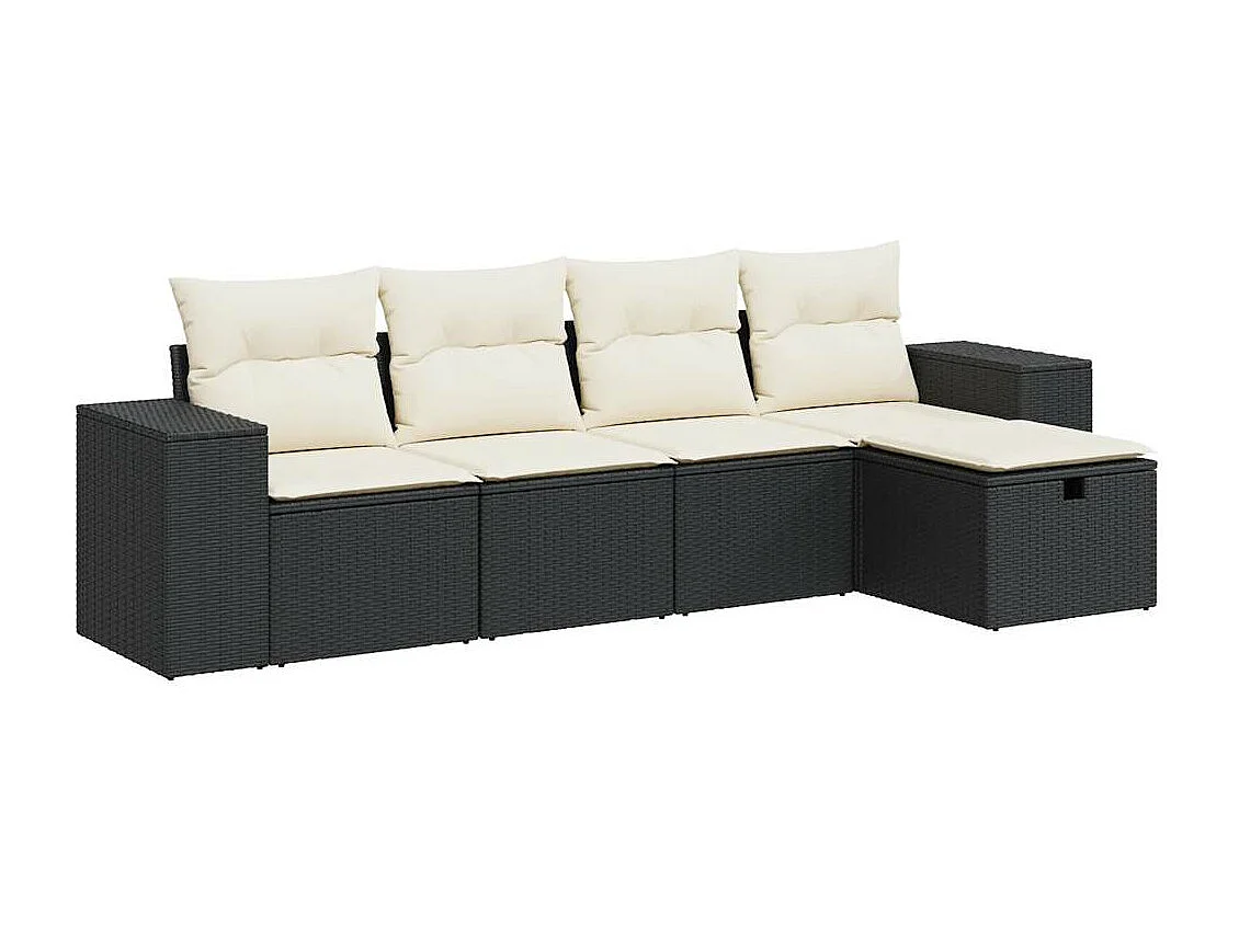 5-delige Loungeset met kussens poly rattan zwart