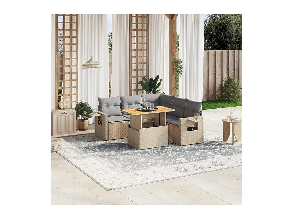 Salon de jardin avec coussins 6 pièces beige résine tressée