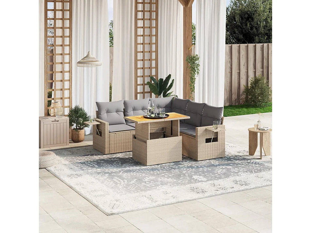 Salon de jardin avec coussins 6 pièces beige résine tressée