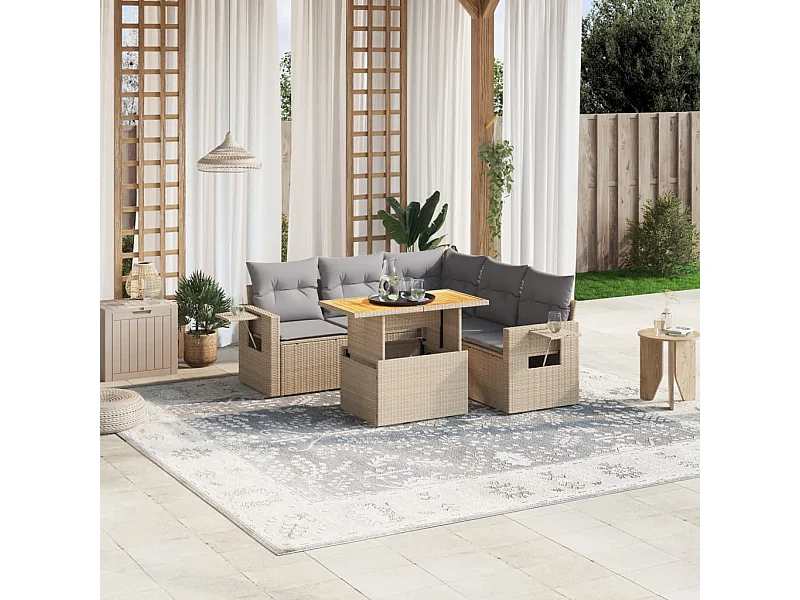 Salon de jardin avec coussins 6 pièces beige résine tressée
