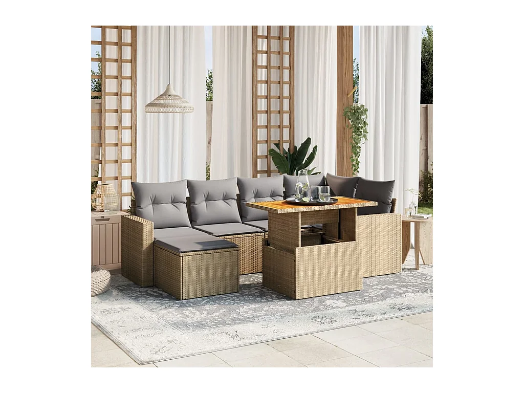 7-delige Loungeset met kussens poly rattan beige