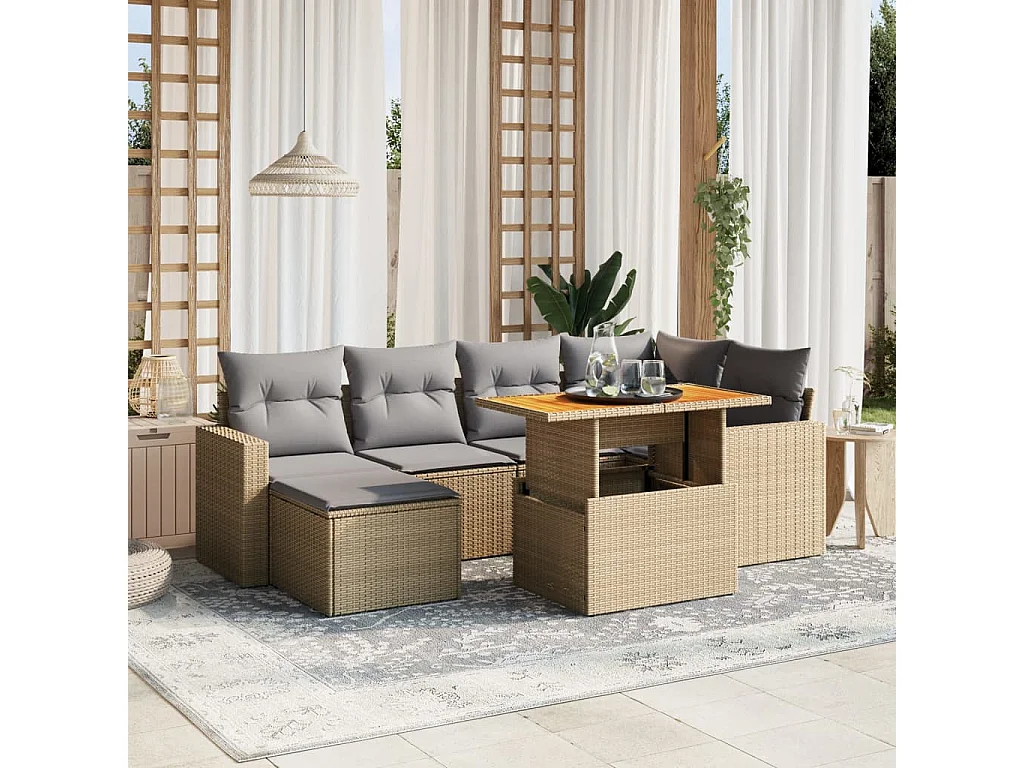 Salon de jardin avec coussins 7 pièces beige résine tressée