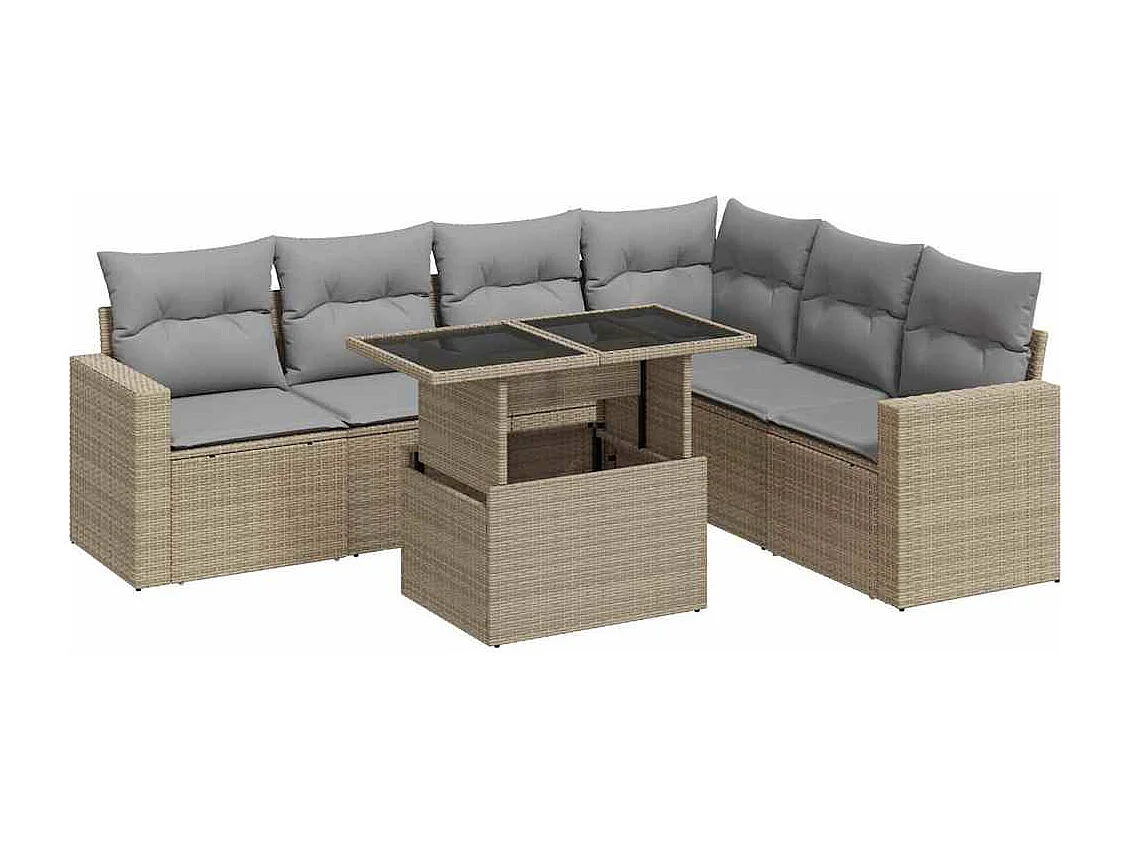 7-delige Loungeset met kussens poly rattan beige