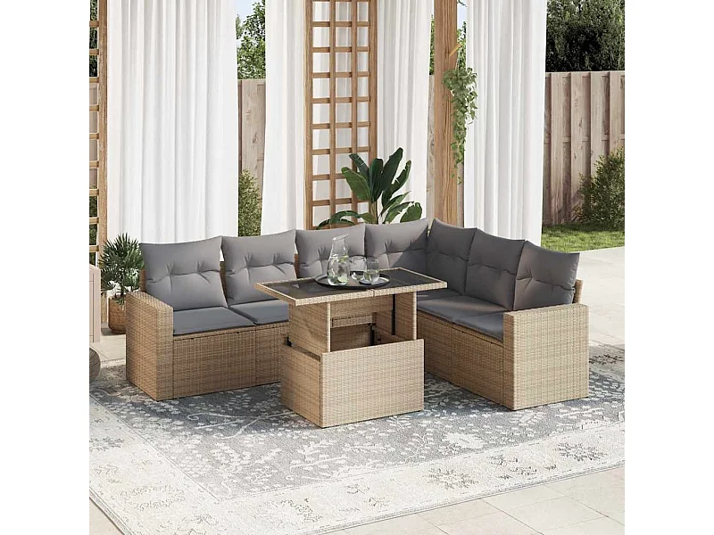 Salon de jardin avec coussins 7 pièces beige résine tressée