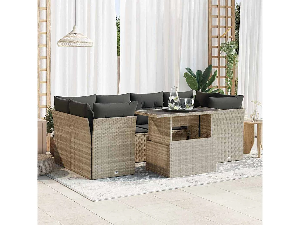 Salon de jardin avec coussins 7 pièces gris clair résine tressée