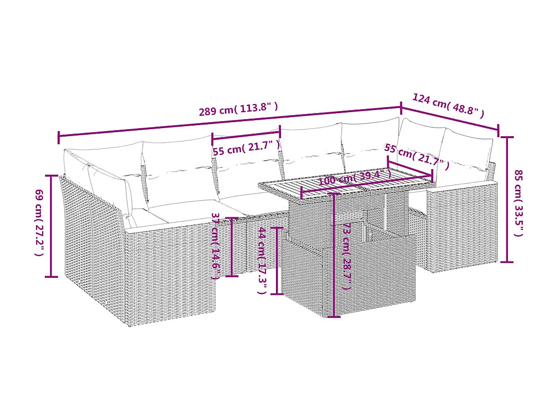 8 peças conjunto de sofás para jardim com almofadões vime PE bege