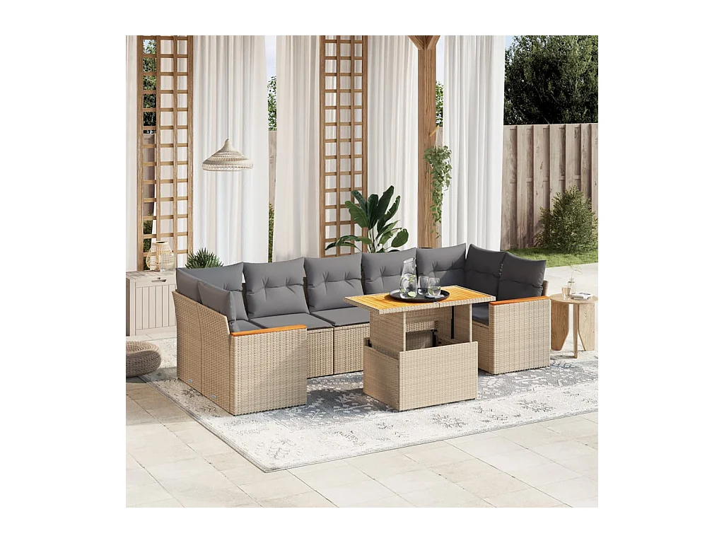 8-delige Loungeset met kussens poly rattan beige