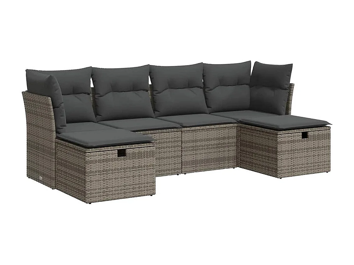 Set de muebles de jardín 6 piezas y cojines ratán sintético gris
