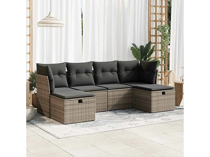 Set de muebles de jardín 6 piezas y cojines ratán sintético gris
