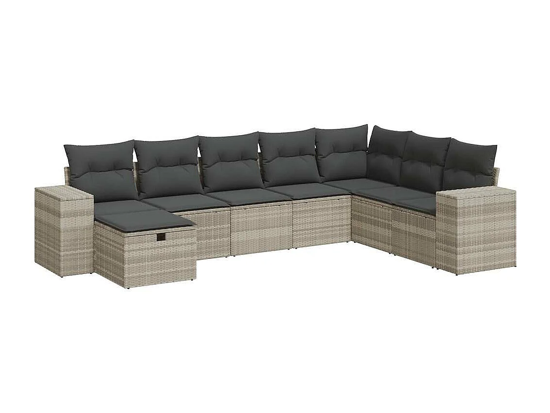 Salon de jardin 8 pièces avec coussins gris clair résine tressée