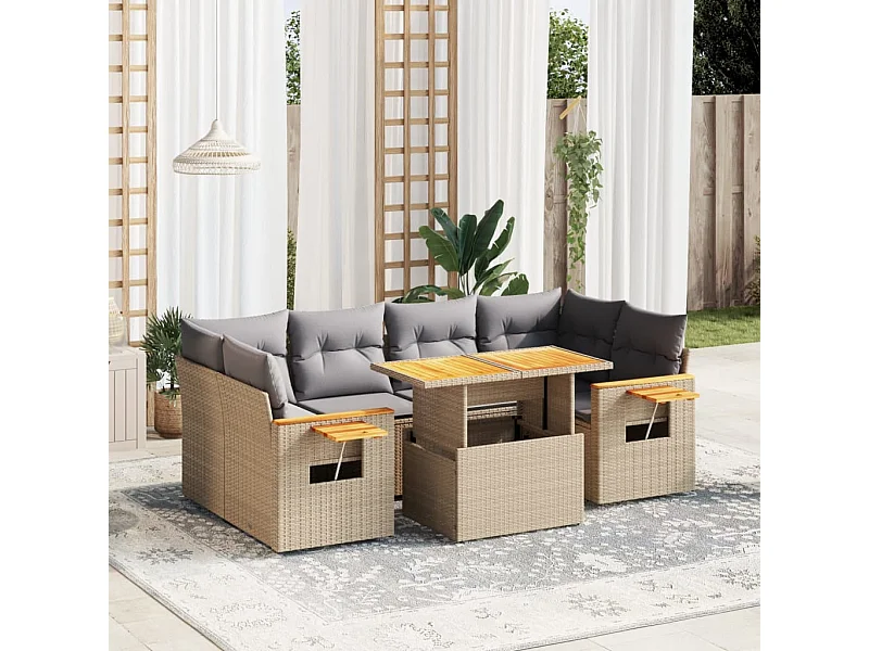 7-delige Loungeset met kussens poly rattan beige