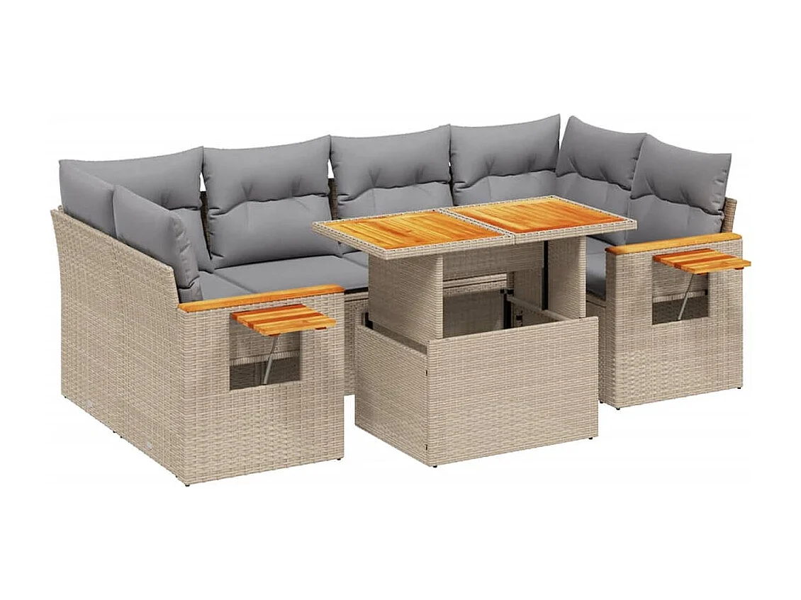 Set sofás de jardín 7 piezas y cojines ratán sintético beige