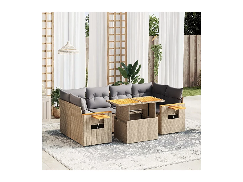 7-delige Loungeset met kussens poly rattan beige