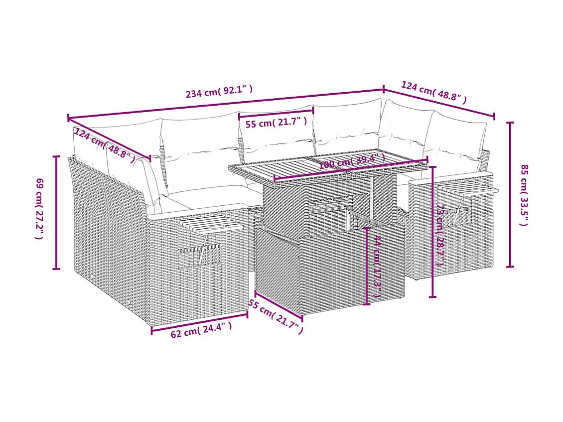 Salon de jardin avec coussins 7 pièces beige résine tressée