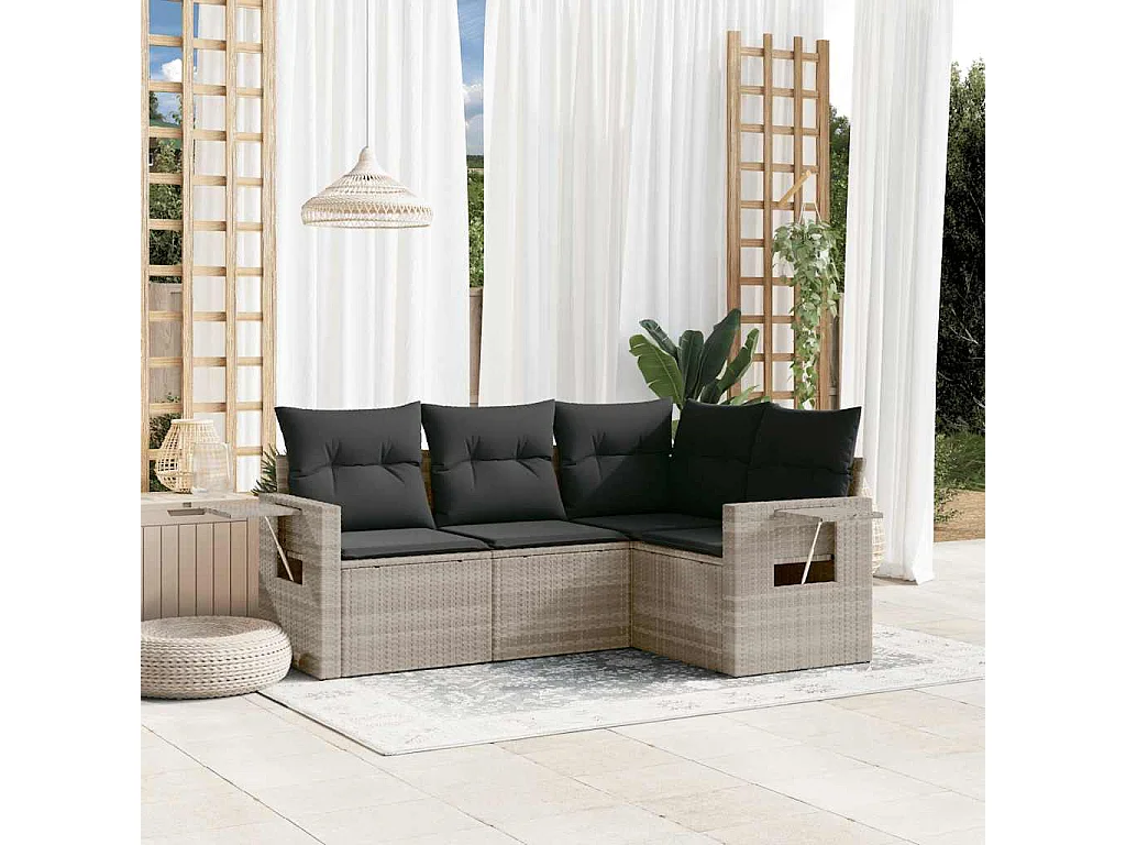 4-delige Loungeset met kussens poly rattan lichtgrijs