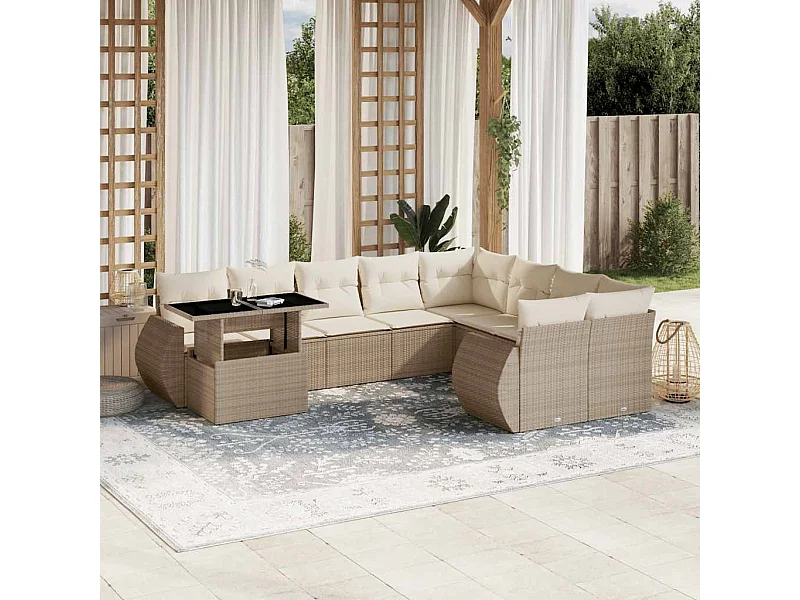Salon de jardin avec coussins 10 pièces beige résine tressée